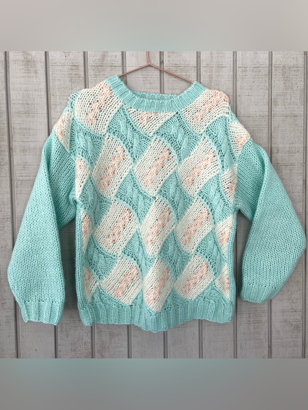 Vintage Jordache Blue Argyle Cable Knit Sweater Women’s Medium